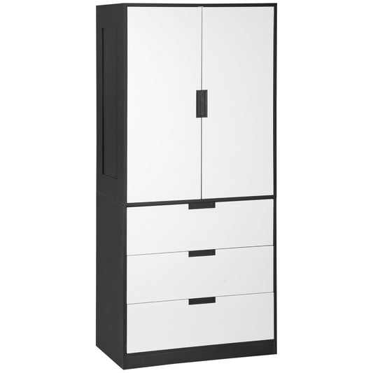 2 Door Wardrobe, Modern Wardrobe with 3 Drawers and Hanging Rod for Bedroom, Black