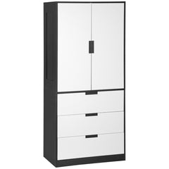 2 Door Wardrobe, Modern Wardrobe with 3 Drawers and Hanging Rod for Bedroom, Black