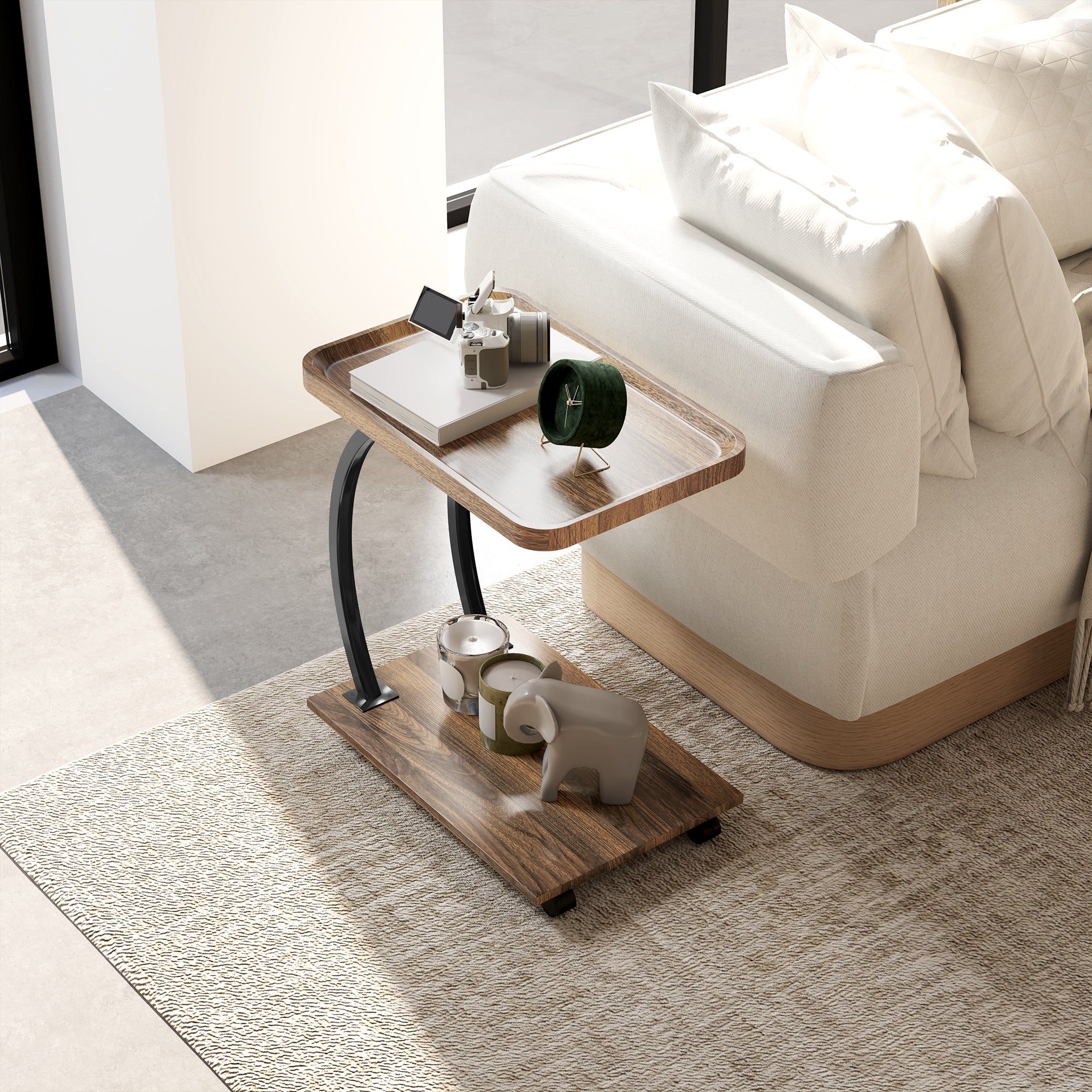 2-Tier Mobile C-Shaped Side Table - Brown