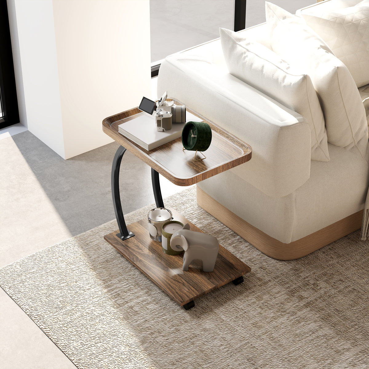 2-Tier Mobile C-Shaped Side Table - Brown