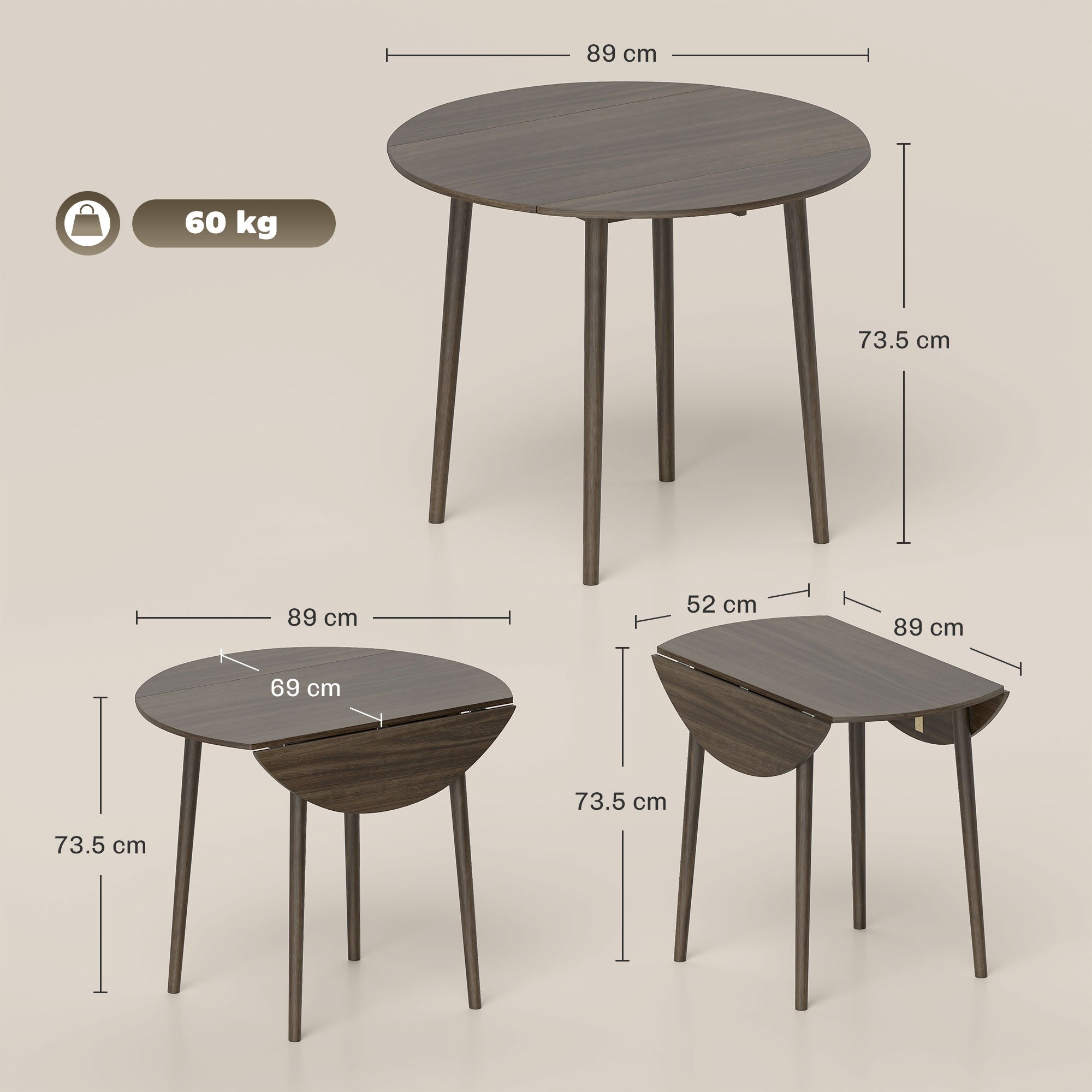 Folding Dining Table for 4, Round Drop Leaf Table, Modern Space Saving Small Kitchen Table with Wood Legs for Dining Room, Grey