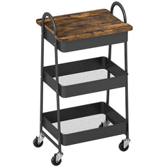 Fynco - 3-Tier Kitchen Storage Trolley with on Wheels Cover Top Board - Rustic Brown and Black