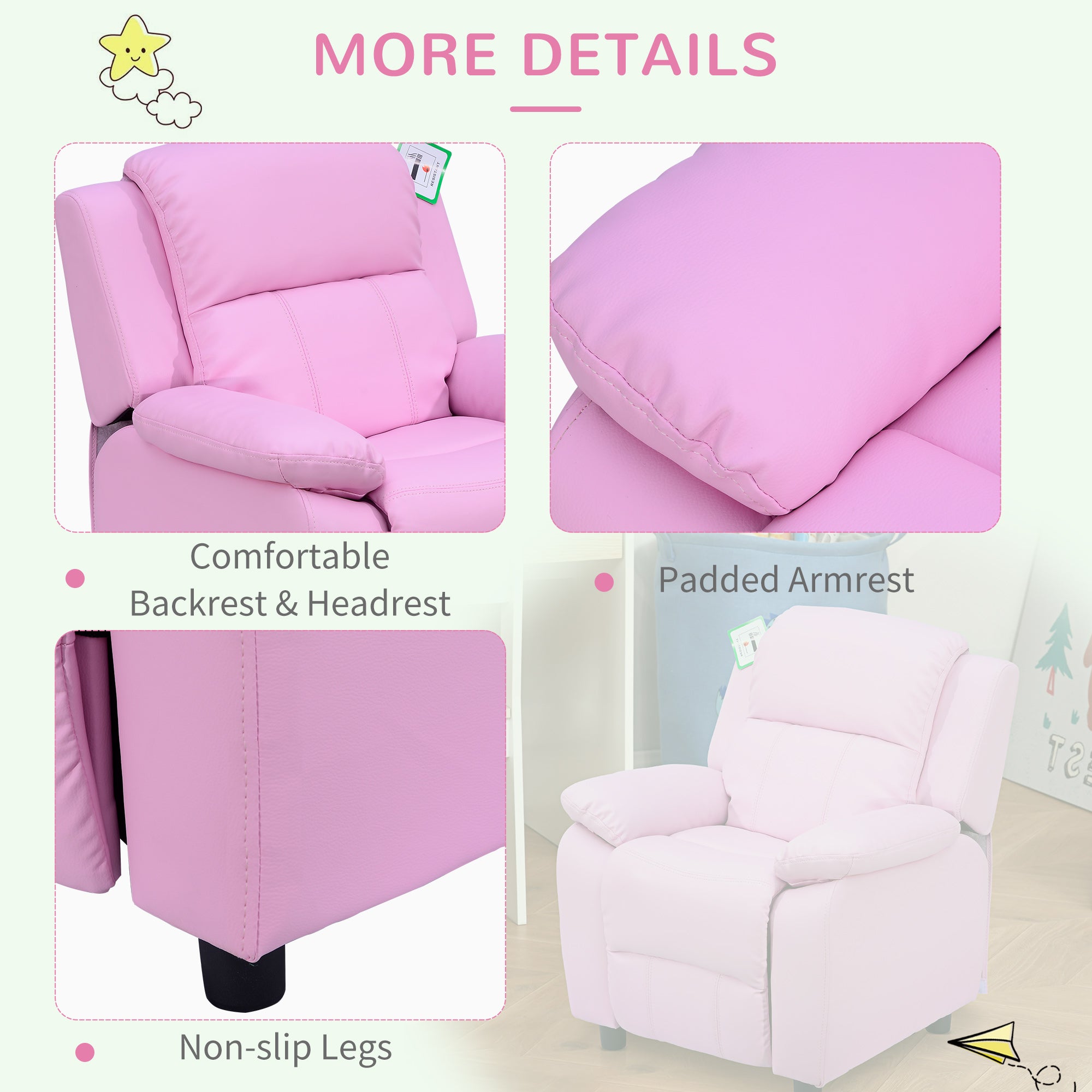 Kids Sofa Armchair Toddler Recliner Children's Chair Lounger Games Chair PU Leather w/ Storage (Pink)