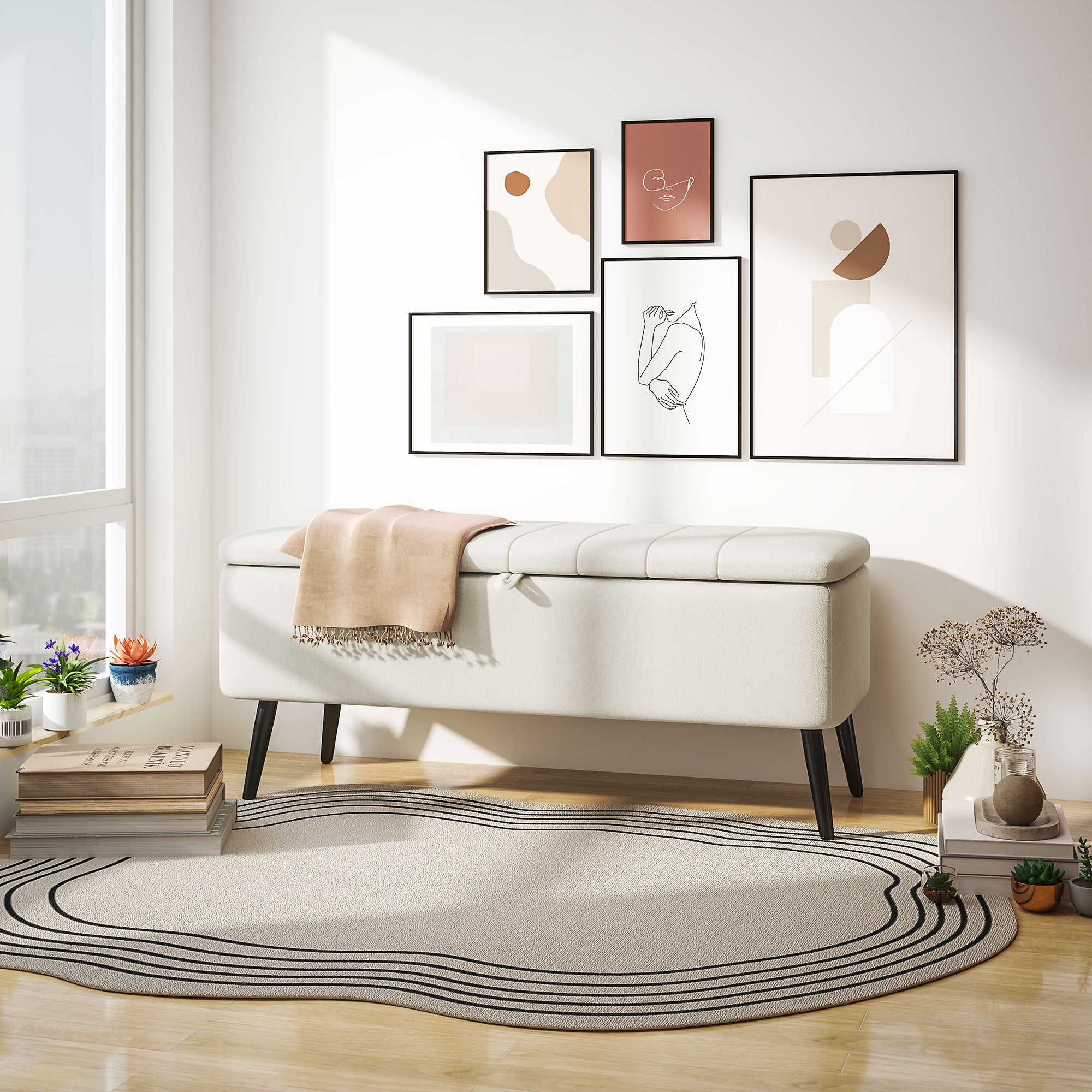 Linen-Look 92 x 31cm Storage Ottoman - Cream White