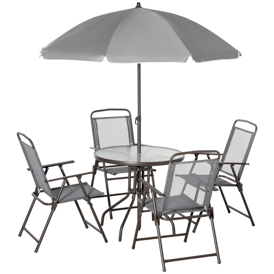 6 Piece Garden Dining Set with Umbrella, Outdoor Dining Sets with Parasol, 4 Folding Dining Chairs & Round Tempered Glass Table, Grey