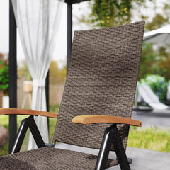 2 Pieces Folding Rattan Garden Dining Chairs with 5-level Reclining High Back, Wood Armrests for Outdoor - Brown