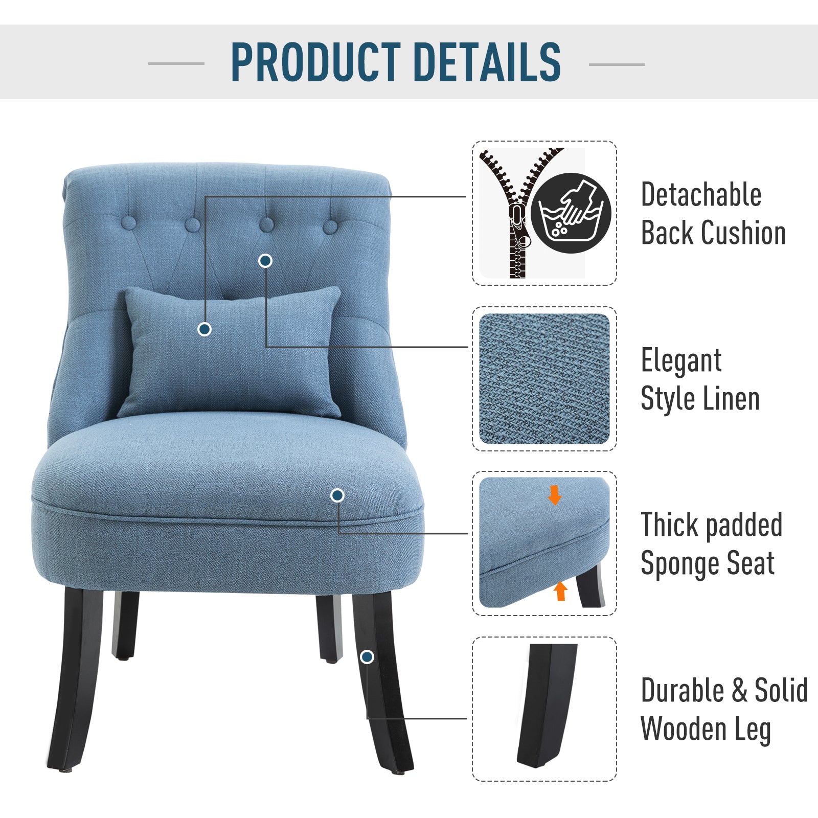 Fabric Single Sofa, Tub Chair, Upholstered Bedroom Chair with Pillow, Solid Wood Leg for Home, Living Room, Dining Room, Set of 2, Blue
