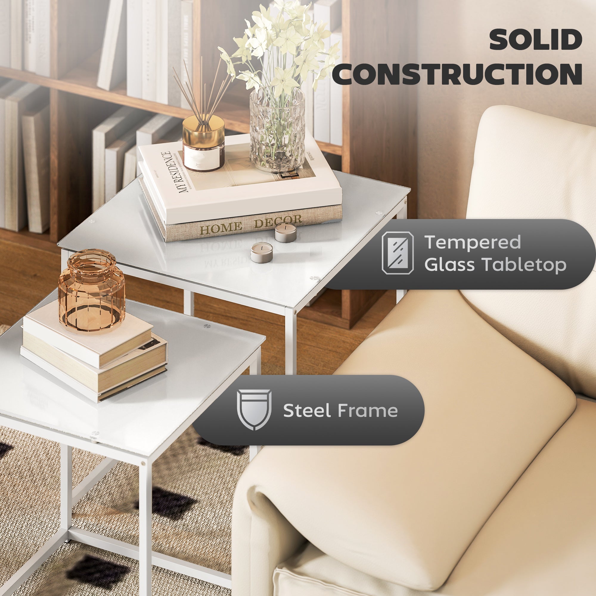 Nest of Tables, Set of 2 Coffee Table, Side Tables with Tempered Glass Desktop and Metal Frame for Living Room, Bedroom, Office, White