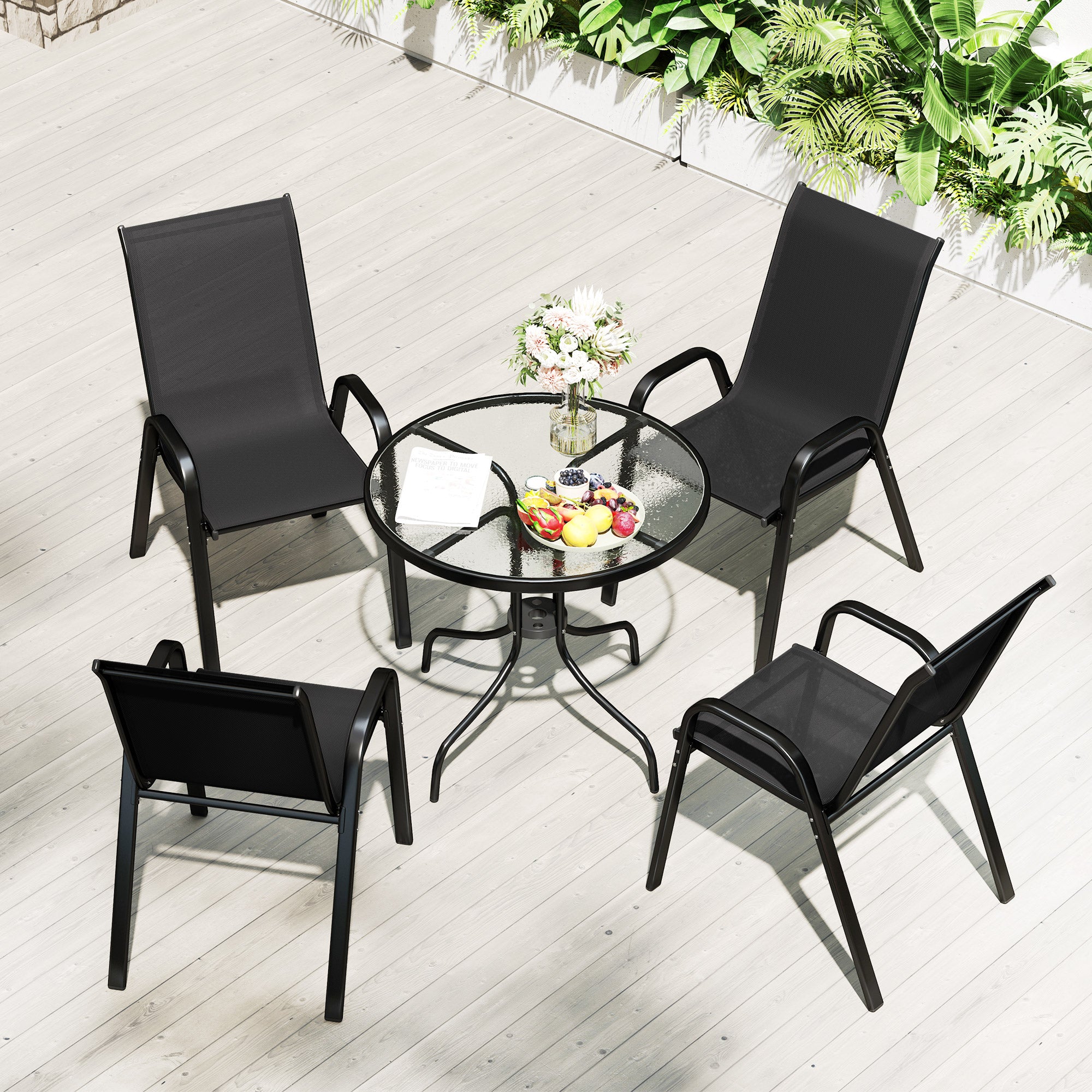 Five-Piece Steel Patio Set, with Glass-Top Table - Black