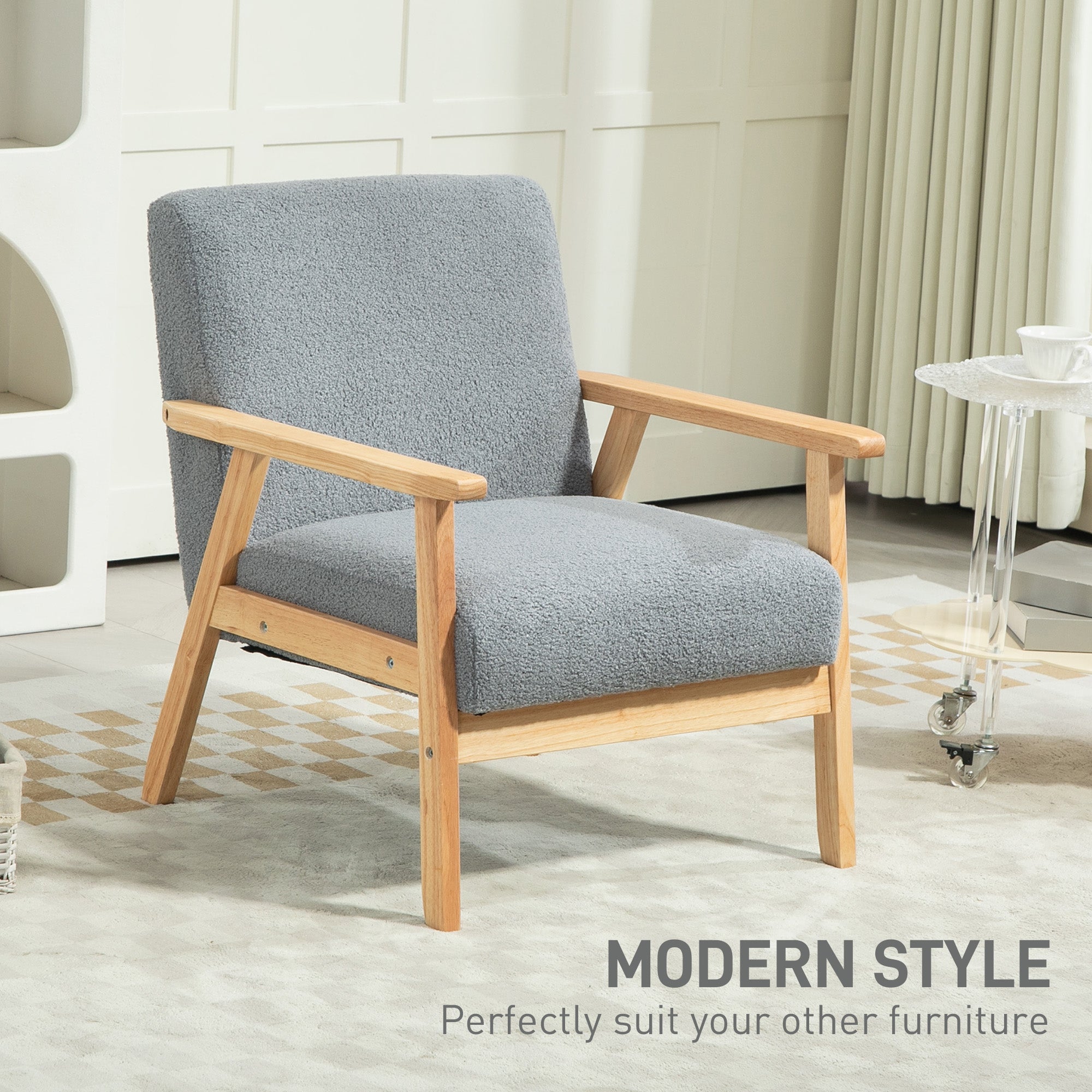 Accent Chair Wood Frame with Thick Cashmere Cushions Wide Seat Armchair Home Furniture Bedroom Office Grey