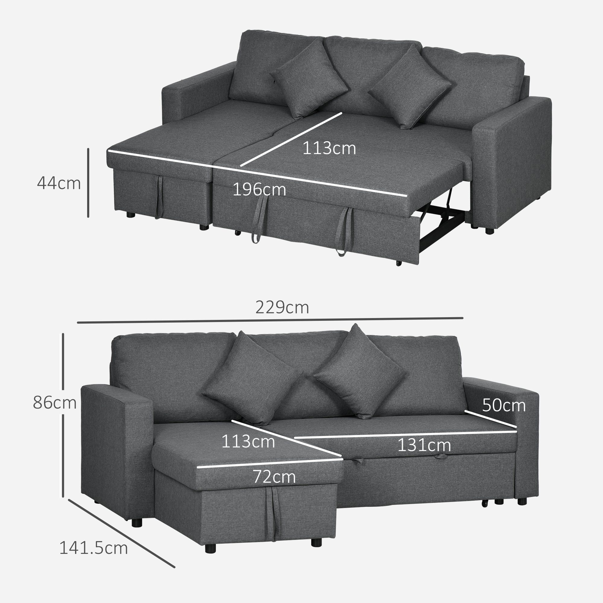 Corner Sofa Bed with Storage, 3 Seater Pull Out Sofa Bed, Convertible L Shape Sofa Couch with Reversible Chaise Lounge for Living Room, Dark Grey
