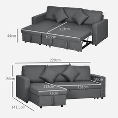 Corner Sofa Bed with Storage, 3 Seater Pull Out Sofa Bed, Convertible L Shape Sofa Couch with Reversible Chaise Lounge for Living Room, Dark Grey
