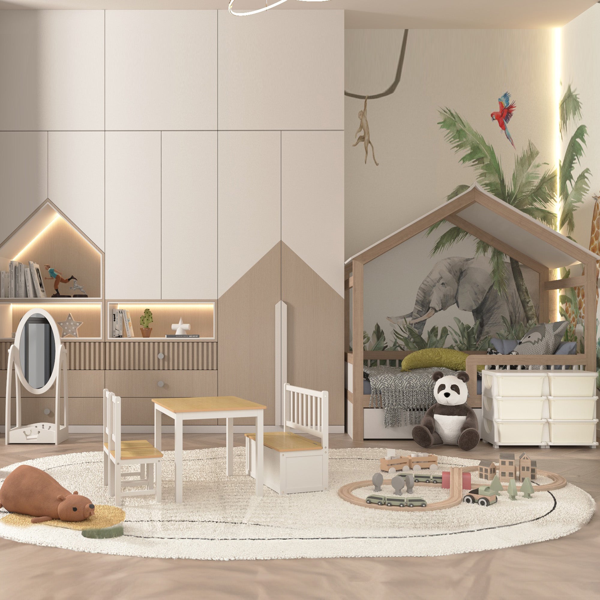 4-Piece Kids Table and Chair Set with 2 Wooden Chairs, 1 Storage Bench, and Interesting Modern Design, Beige/White