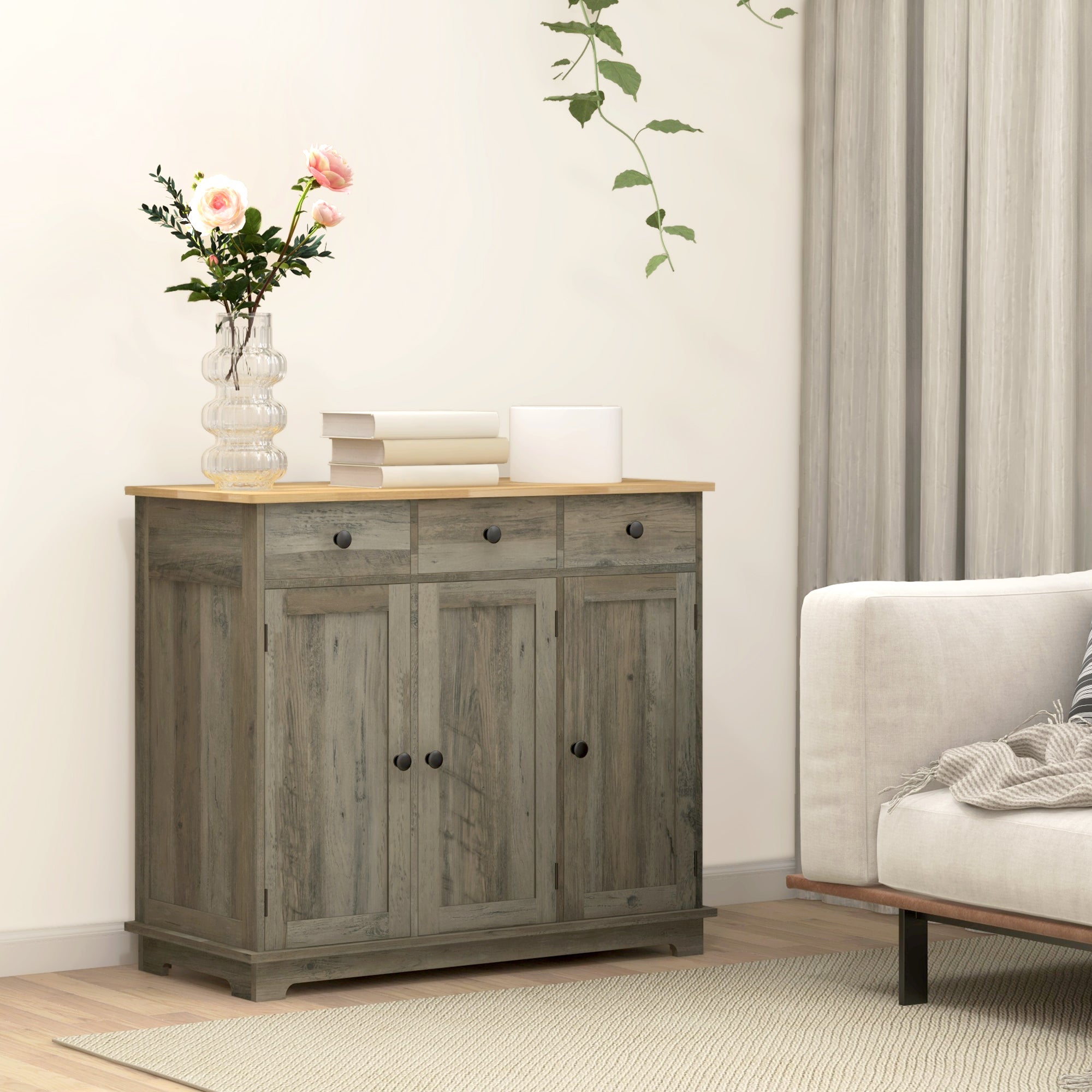 Sideboard with Rubber Wood Top, Modern Storage Cabinet, Kitchen Cupboard with 3 Doors, 3 Drawers and 3 Adjustable Shelves for Dining Room, Living Room, Grey Wood-Effect