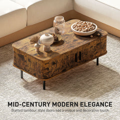 Coffee Table with Storage, Living Room Table with Slatted Tambour Sliding Doors and Foot Pads, Rectangular Coffee Table with Elevated Base for Living Room, Rustic Brown