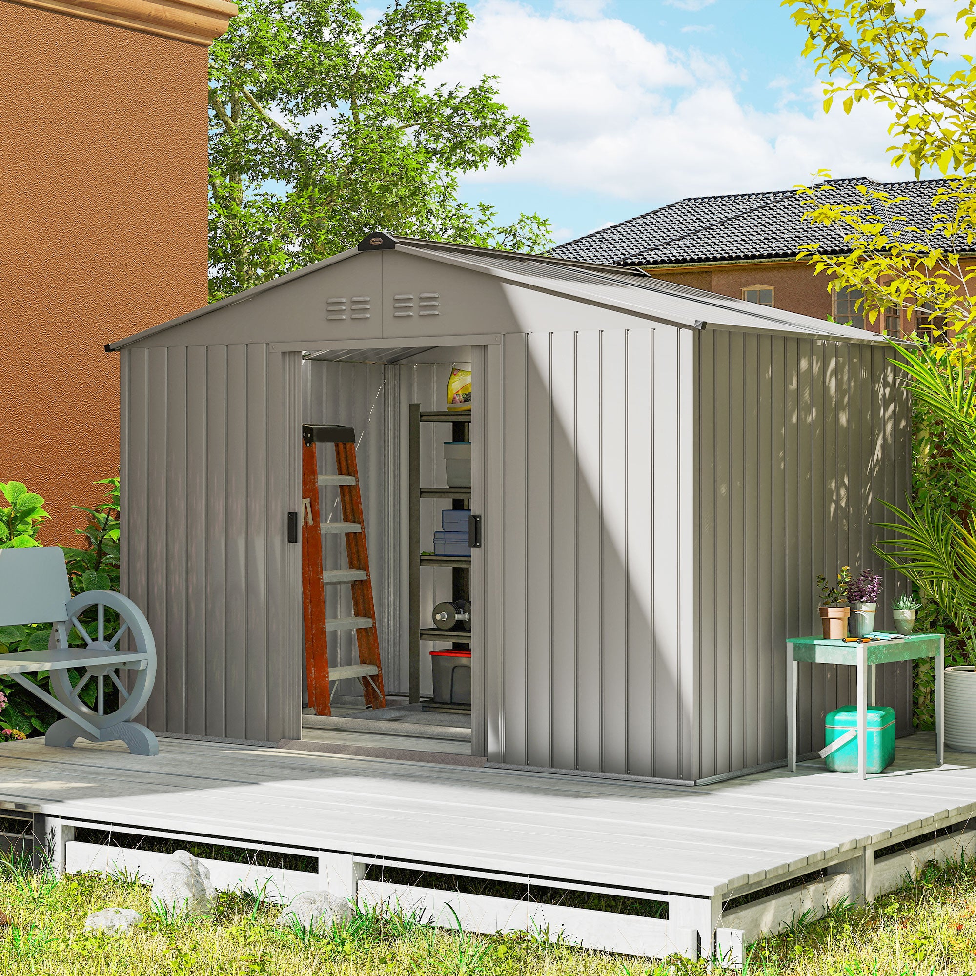 Fynco - Garden Storage Shed, Metal Outdoor Storage Shed House with Foundation Kit, Ventilation, Doors, 9 x 6FT, Grey