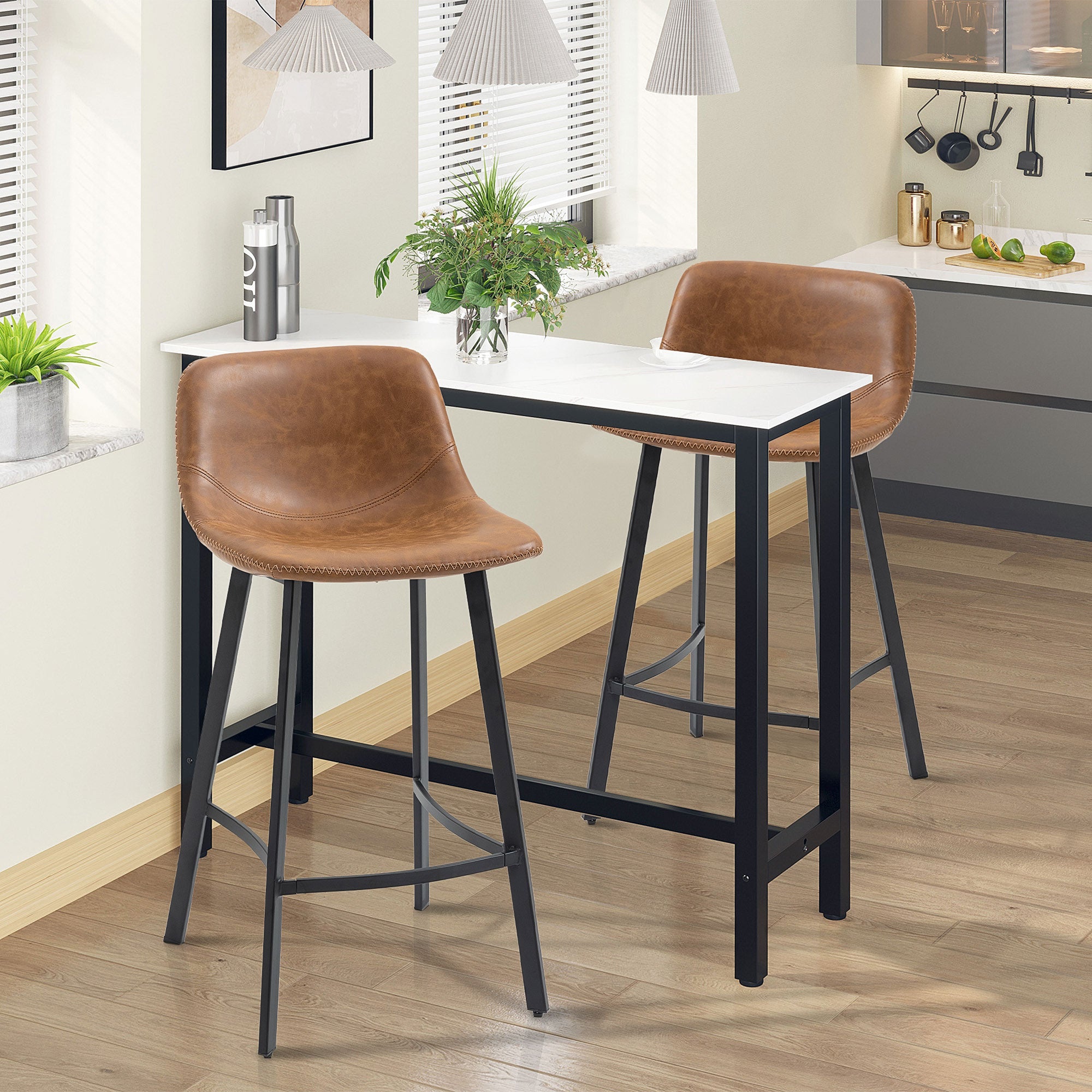 Bar Stools Set of 2, PU Leather Kitchen Stools, Upholstered Breakfast Bar Chairs with Backrest, Steel Legs for Home, Dining Room, Brown