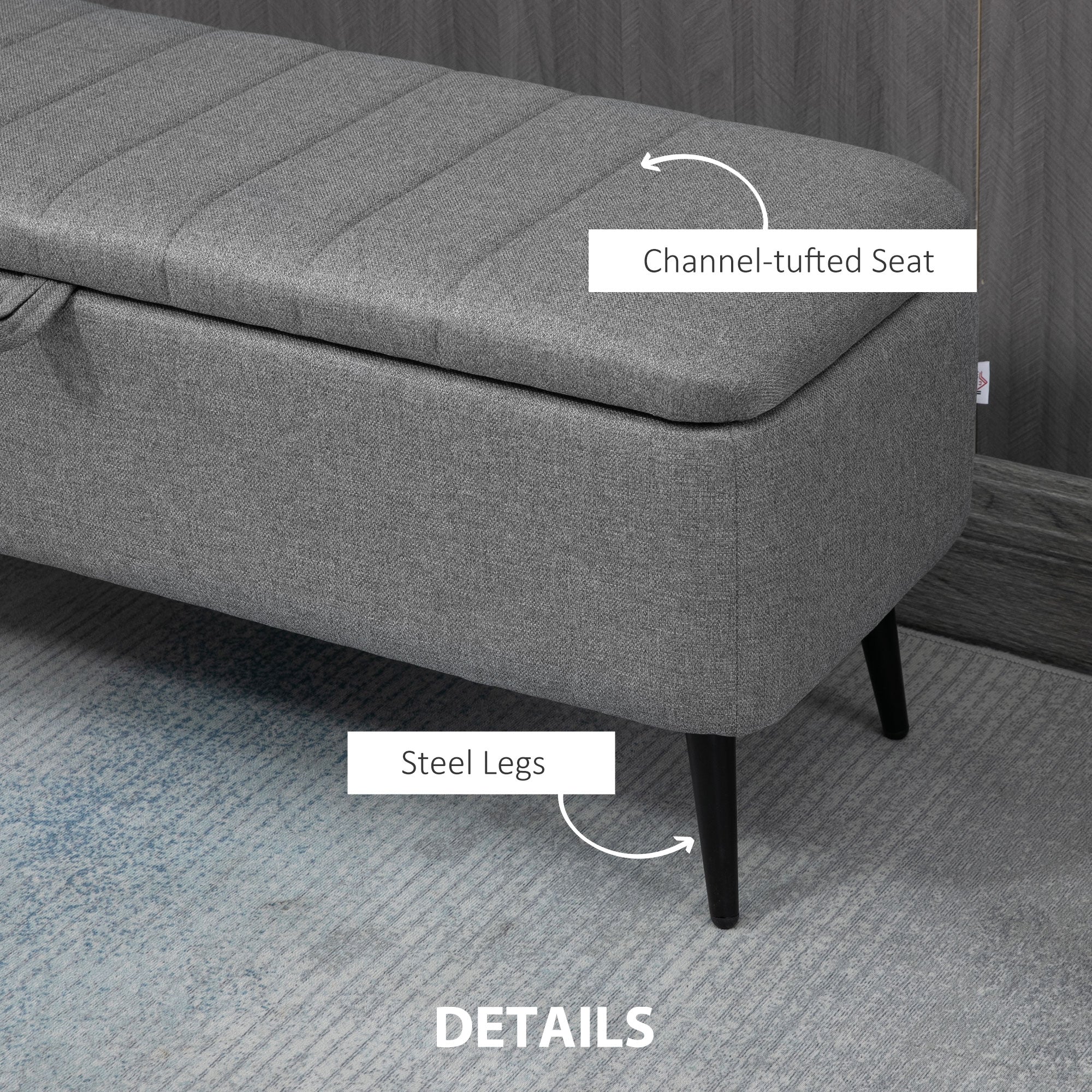 Storage Ottoman with Flip Top, Rectangular Upholstered Bench, Linen Look Fabric Footstool with Steel Legs for Living Room, Bedroom, Grey