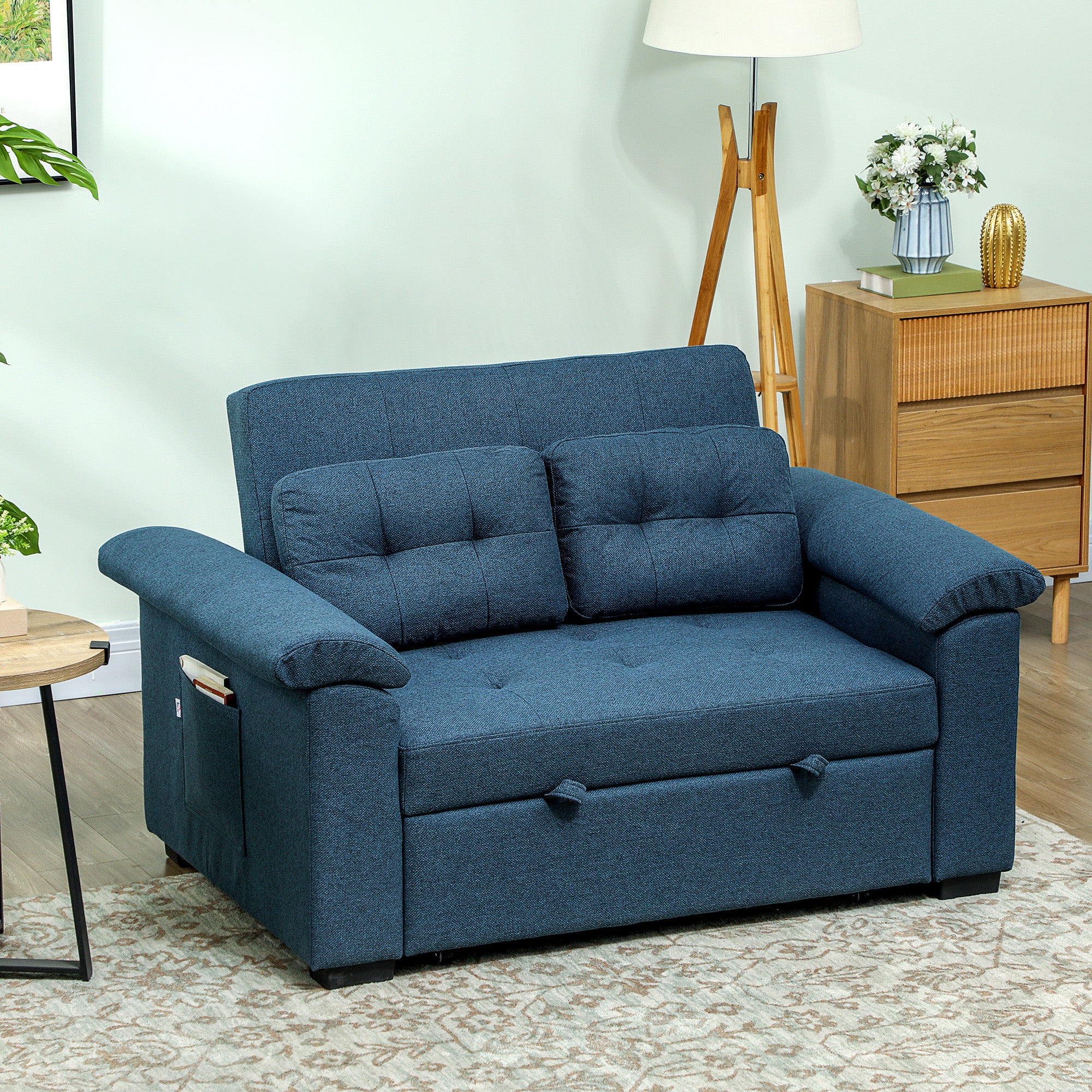 Pull Out Sofa Bed, Fabric 2 Seater Click Clack Sofa Bed Settee with 2 Pocket Springs, Convertible Sofa Couch with Pillows and Side Pockets for Living Room, Home Office, Blue