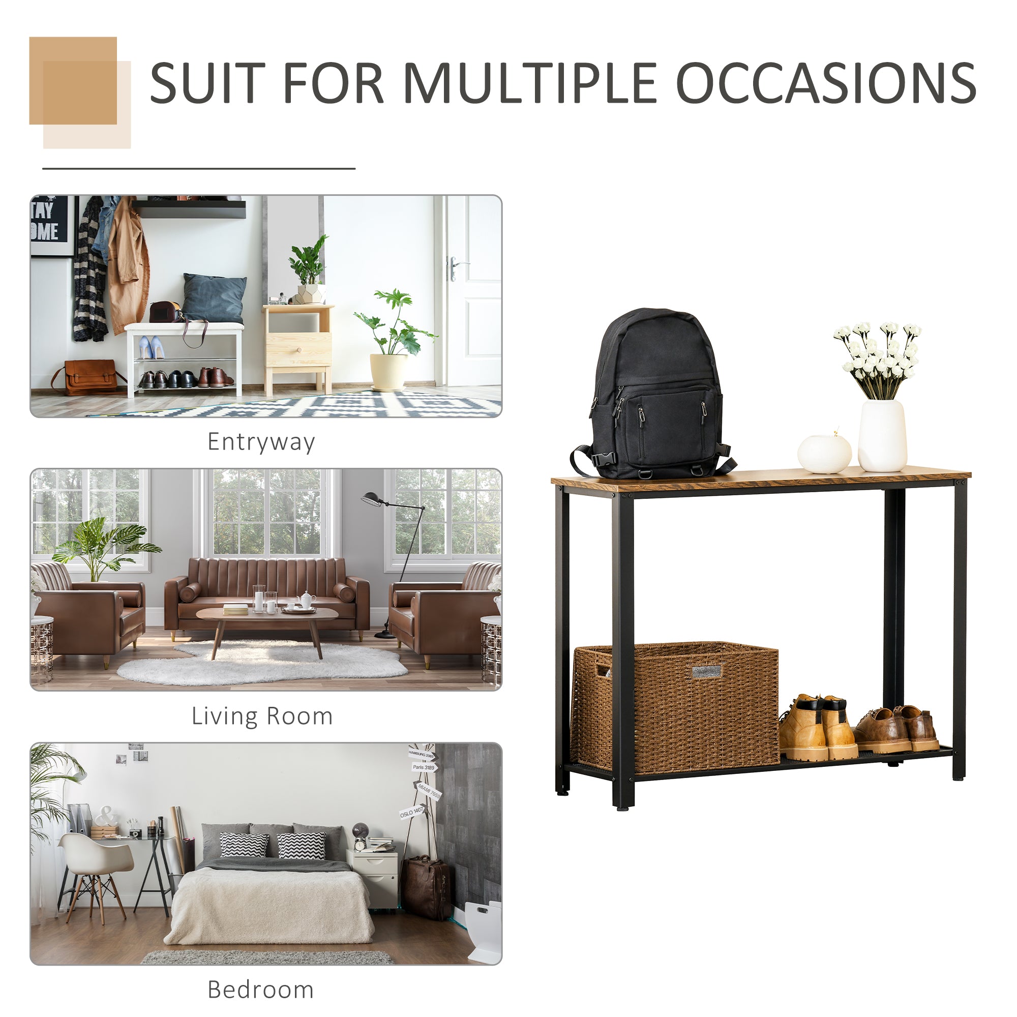 Industrial Console Table，Entryway Table w/Bottom Mesh Shelf Metal Frame Vintage Sofa Table for Hallway, Living Room, Rustic Brown