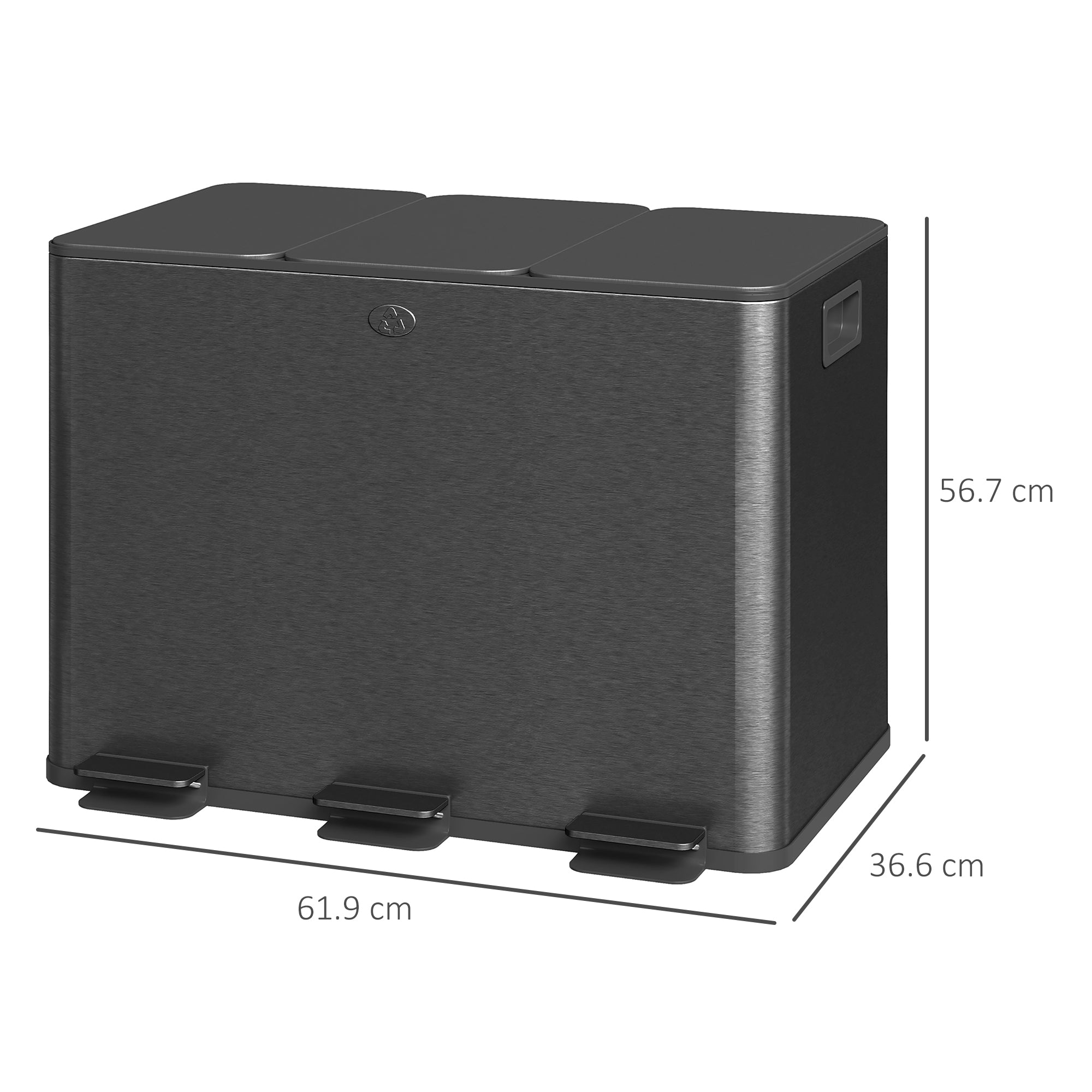 Fynco - 3 x 20L Pedal Bin, Steel Triple Kitchen Bin with Soft Close Lid, Removable Inner Buckets, Fingerprint-Proof, Black