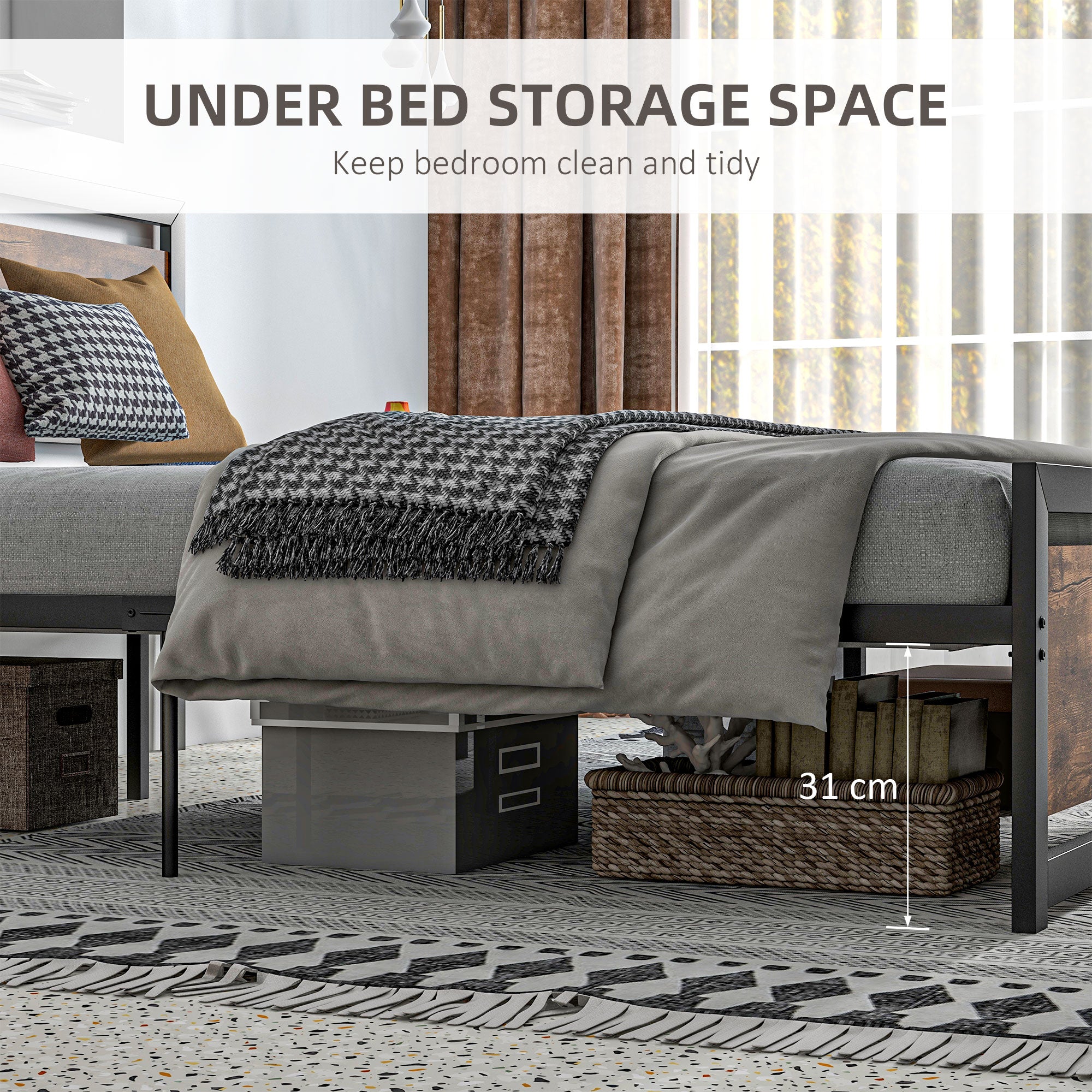 King Size Metal Bed Frame with Headboard & Footboard, Strong Slat Support Full Bed Frame w/ Underbed Storage Space, Bedroom Furniture For Adults