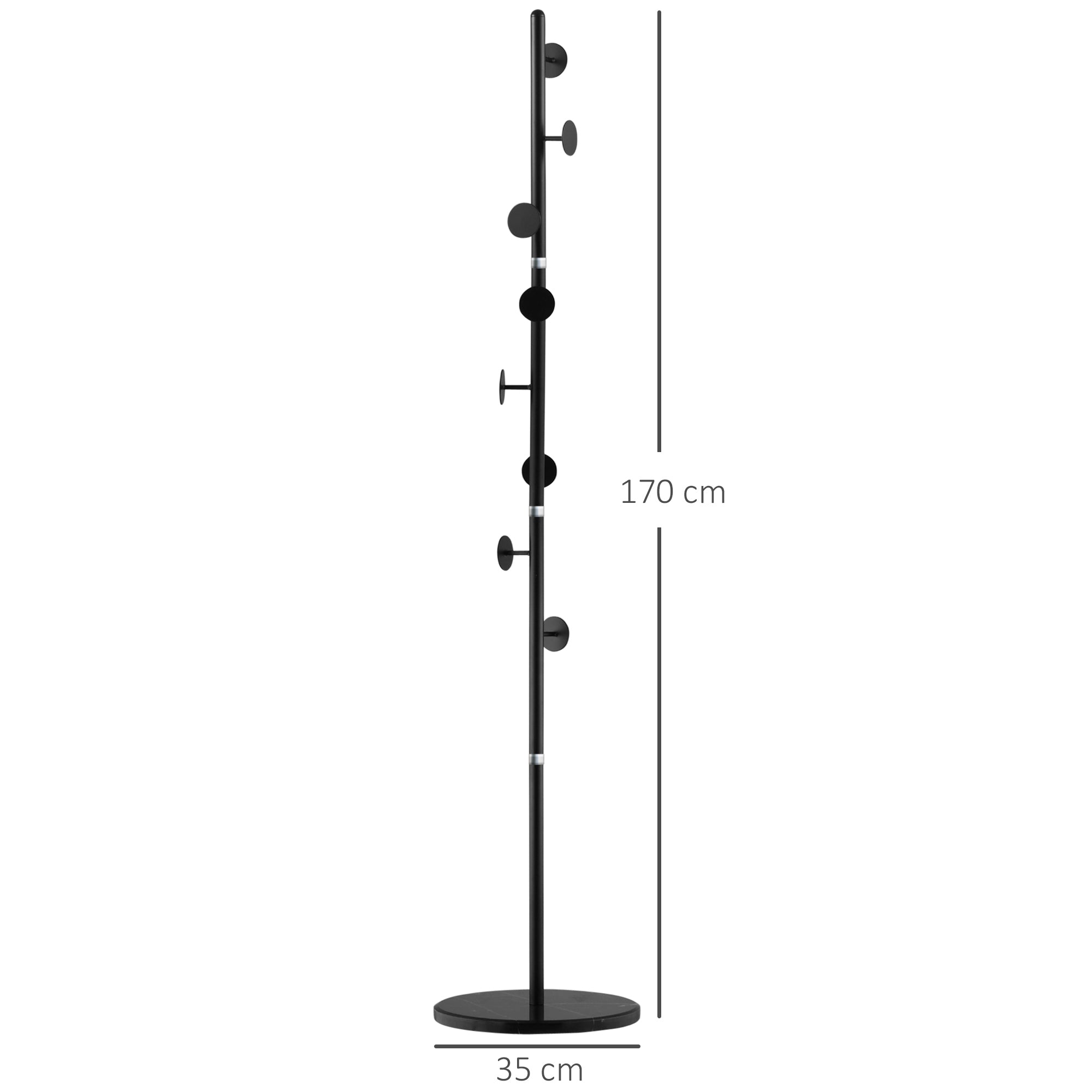Coat Rack Free Standing Hall Tree with 8 Round Disc Hooks for Clothes, Hats,Purses, Steel Entryway Coat Stand with Marble Base for Entryway, Living Room, Bedroom, Black