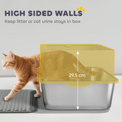 High Sided Stainless Steel Litter Box, Metal Cat Litter Tray with Metal Scoop, Litter Mat, Never Absorbs Odors, Grey