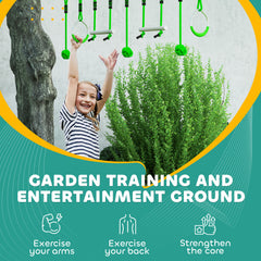 AIYAPLAY 7-Piece Kids Zip Line Kit for Garden, 10m Kids Slackline Kit with Wooden Monkey Bars, Metal Rings, Gripping Balls, Green