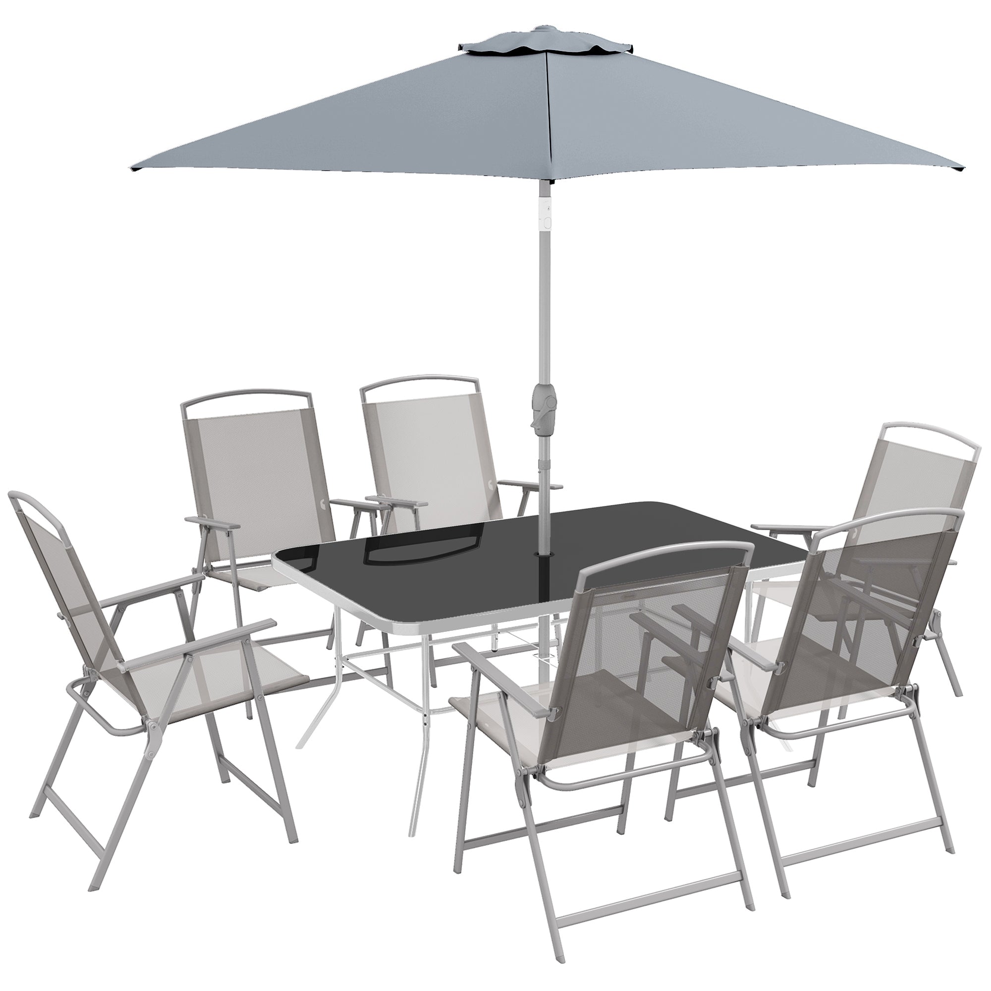 Eight-Piece Garden Dining Set, with Chairs, Table and Parasol - Grey