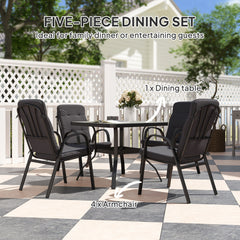 5 Pieces Outdoor Square Garden Dining Set w/ Tempered Glass Dining Table 4 Cushioned Armchairs, Umbrella Hole, Black