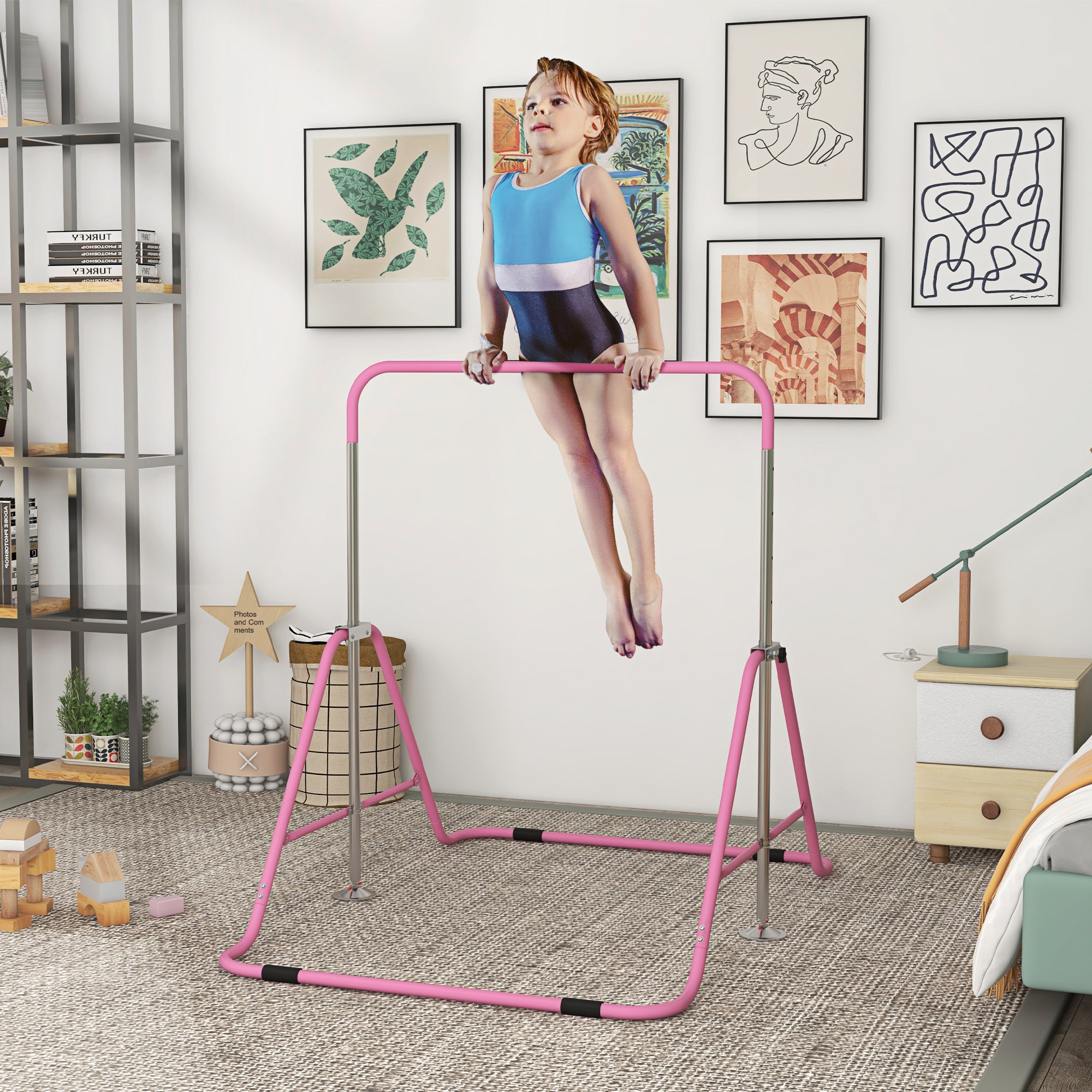 Kids Gymnastic Bar, with Adjustable Height, Foldable Horizontal Bars - Pink