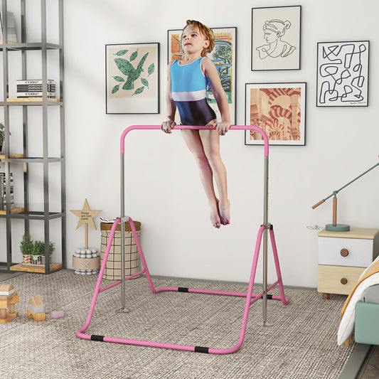 Kids Gymnastic Bar, with Adjustable Height, Foldable Horizontal Bars - Pink