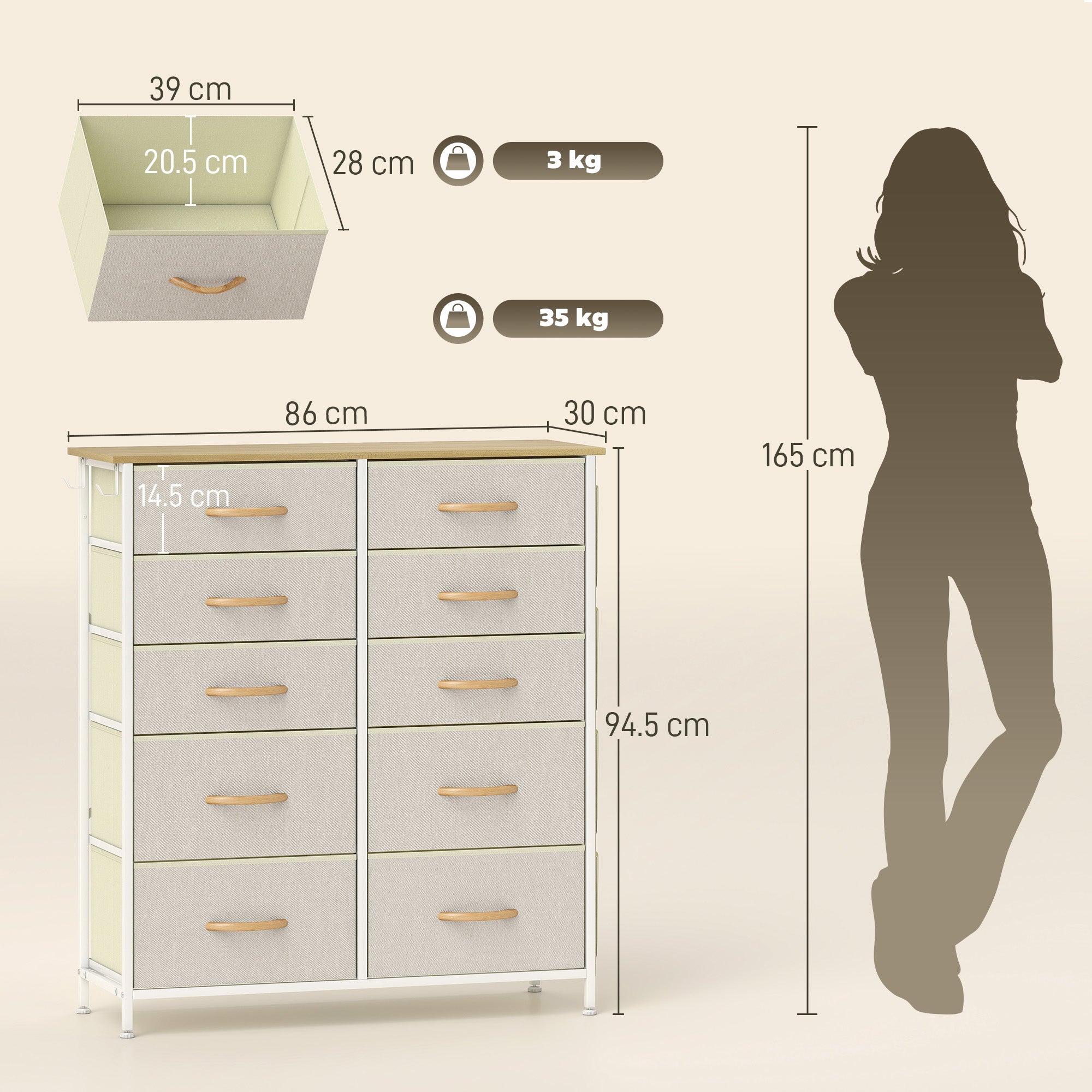 Chest of Ten Fabric Drawers - Beige