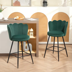 Fynco - Set of Two Velvet-Feel Lotus Bar Stools - Dark Green