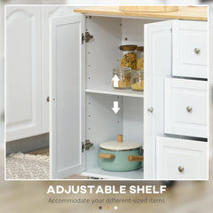 Kitchen Island with Drop Leaf, Rolling Kitchen Storage Trolley on Wheels with 3 Drawers, Spice Rack and Towel Rack, Storage Cart with Rubber Wood Top, White