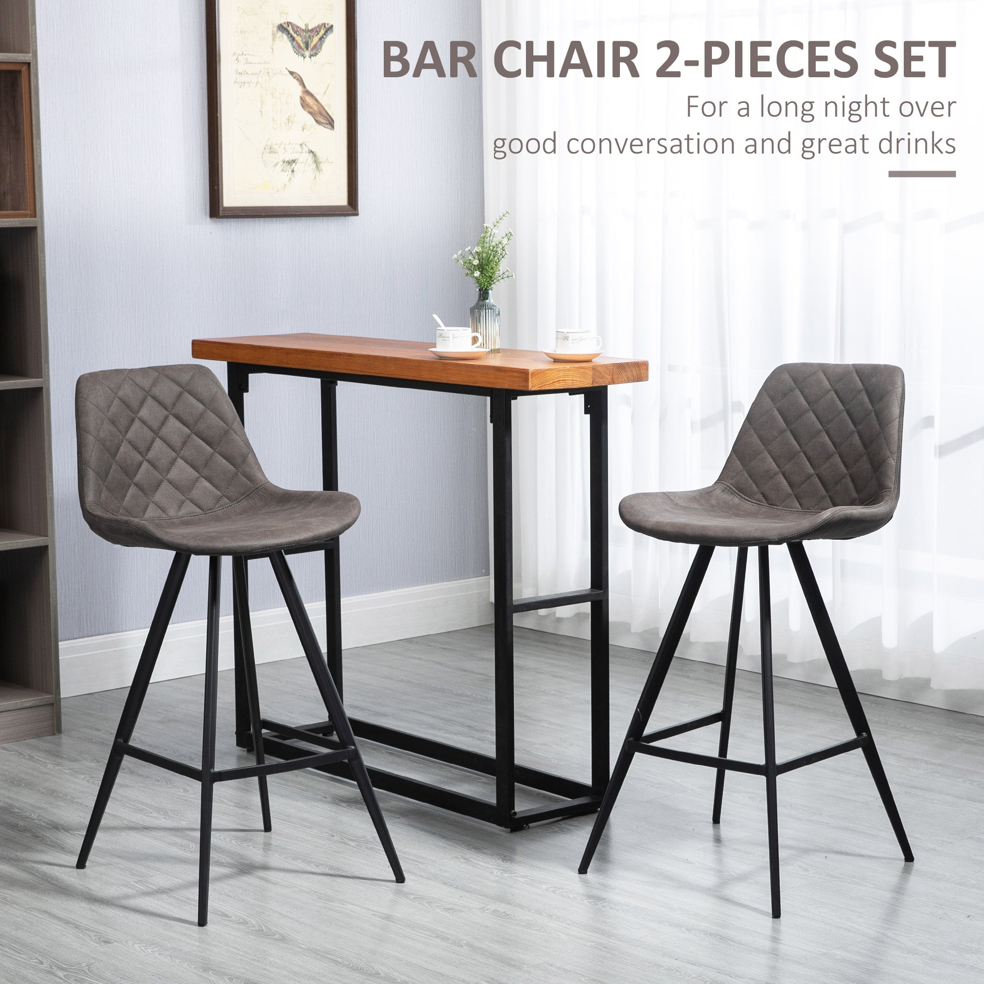 Set Of 2 Bar Stools Vintage Microfiber Cloth Tub Seats Padded Comfortable Steel Frame Footrest Quilted Home Bar Cafe Kitchen Chair Stylish Dark Grey