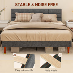 Upholstered King Bed Frame, with Slats - Grey