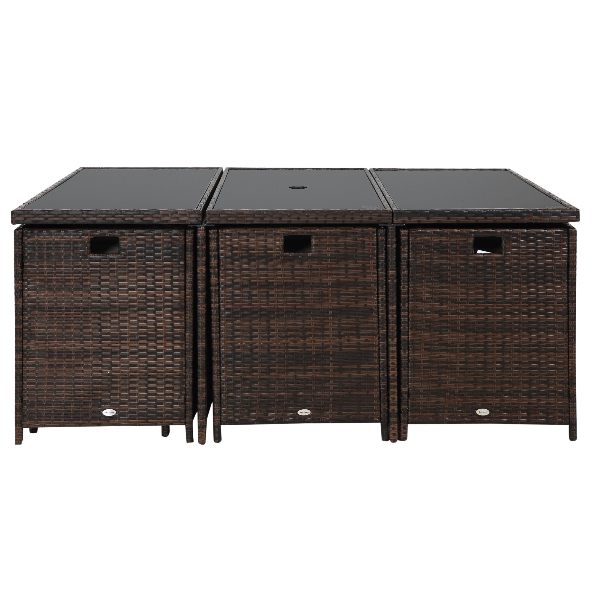 10 Seater Rattan Cube Garden Furniture Set with Parasol Hole, Rattan Dining Set with Cushions, Outdoor Dining Table and Chairs with Rectangular Glass Top Table for Patio, Mixed Brown