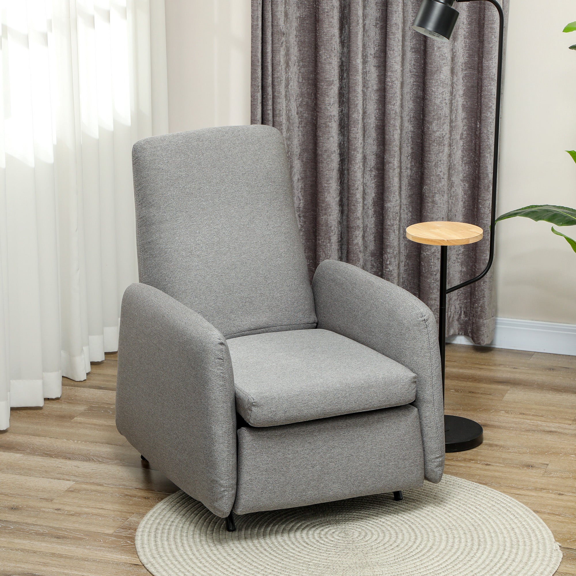 Push Back Recliner Armchair, Fabric High Back Reclining Chair with Adjustable Leg Rest and Pocket Spring Seat for Living Room, Bedroom, Home Office, Grey