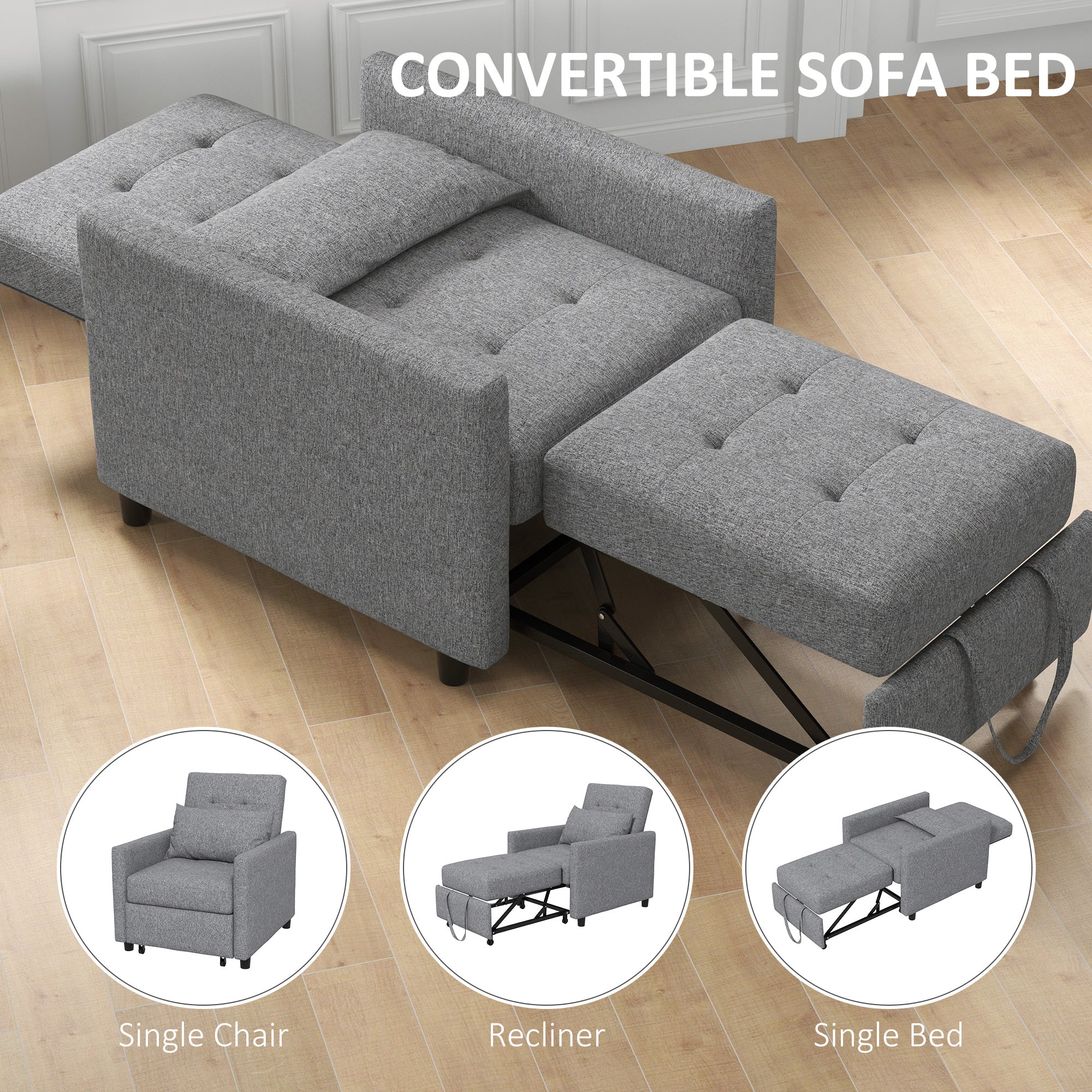 3-In-1 Chair Bed, Convertible Sleeper Chair with Adjustable Backrest, Pillow and Footrest for Living Room, Grey