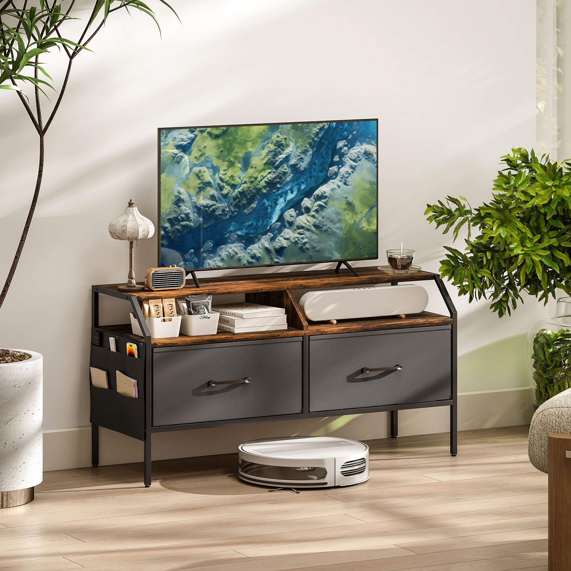 TV Stand Cabinet, TV Unit for 55-inch TVs with 2 Foldable Fabric Drawers, 5 Divided Side Pockets, Open Shelves, Console Table for Living Room, Bedroom, Entertainment Room, Rustic Brown