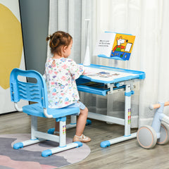 Kids Study Desk and Chair Set w/ Adjustable Height, Storage, Drawer, Blue