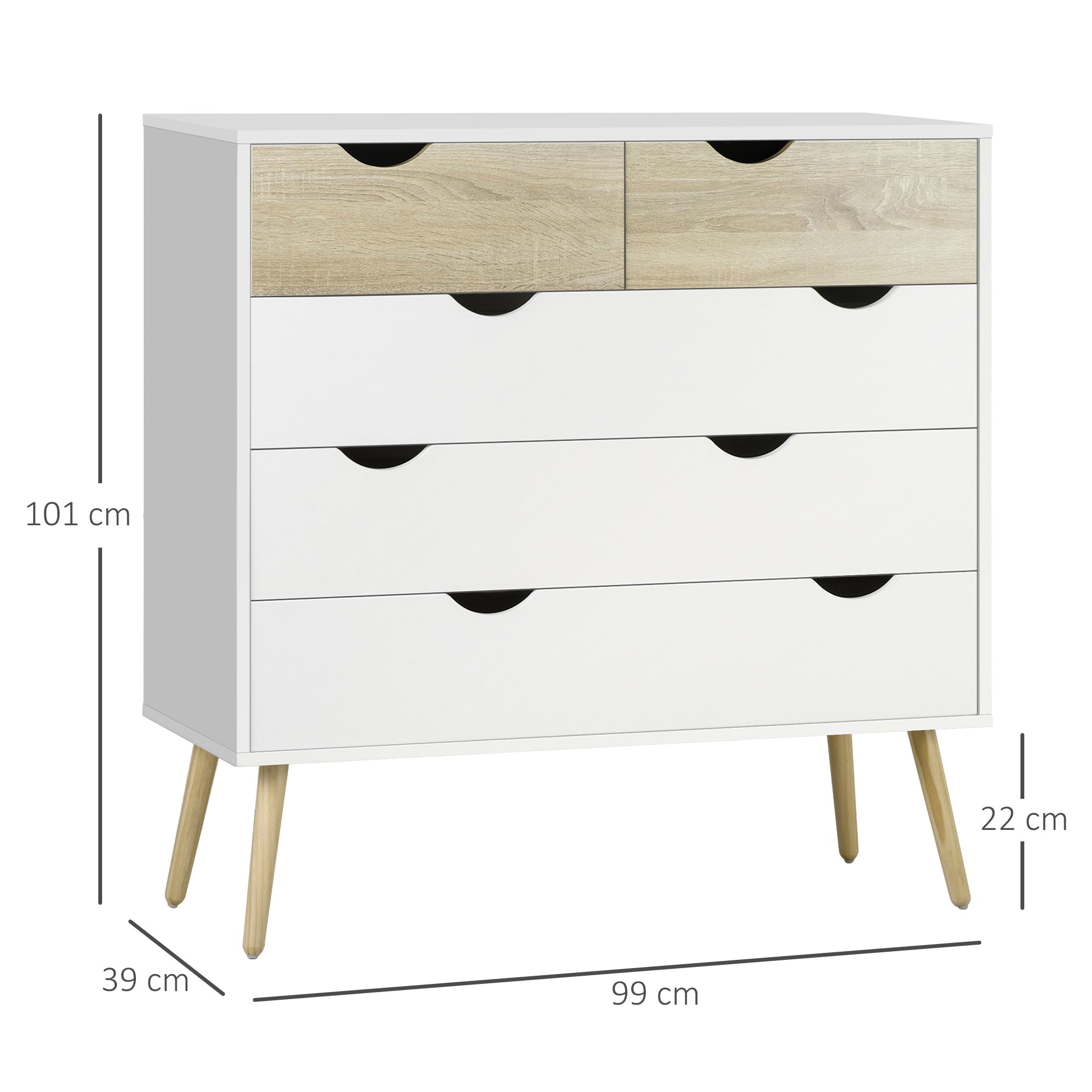 Nordic Style Chest of Drawers, 5 Drawer Dresser with 4 Tapered Legs and Groove Handles, Storage Organiser Side Cabinet for Bedroom, Living Room
