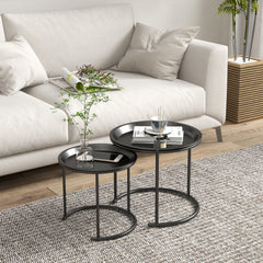 Nesting Tables Set of 2, Side End Table with Removable Tabletop Tray and Steel Frame for Living Room, Bedroom, Black