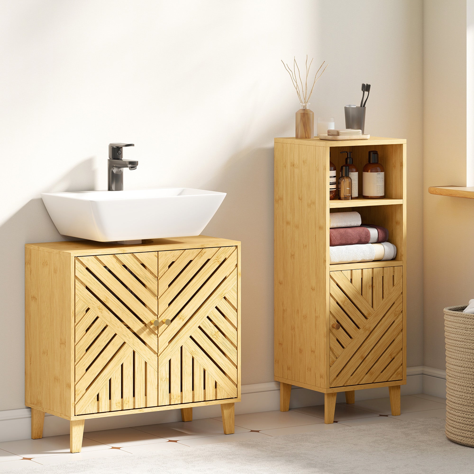 Fynco - Bamboo Bathroom Under Sink Cabinet with Adjustable Shelf for Basin without Pedestal - Natural