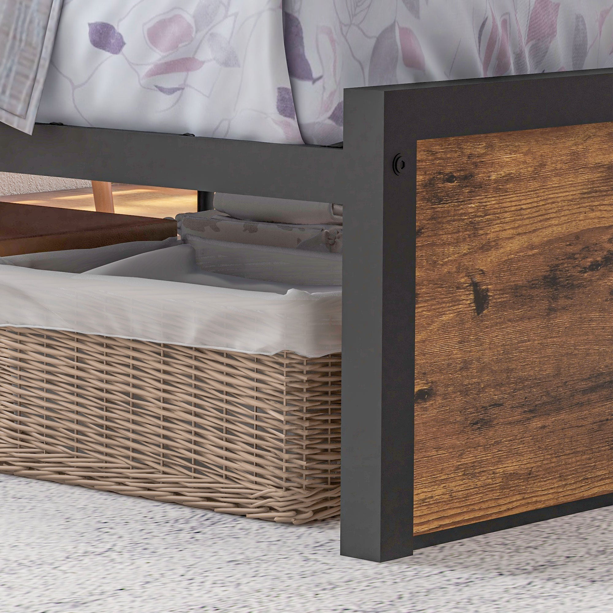 Industrial Single Bed Frame, 3.1FT Steel Bed Base with Storage Headboard, Footboard, Slatted Support and Under Bed Storage, 95 x 209cm, Rustic Brown