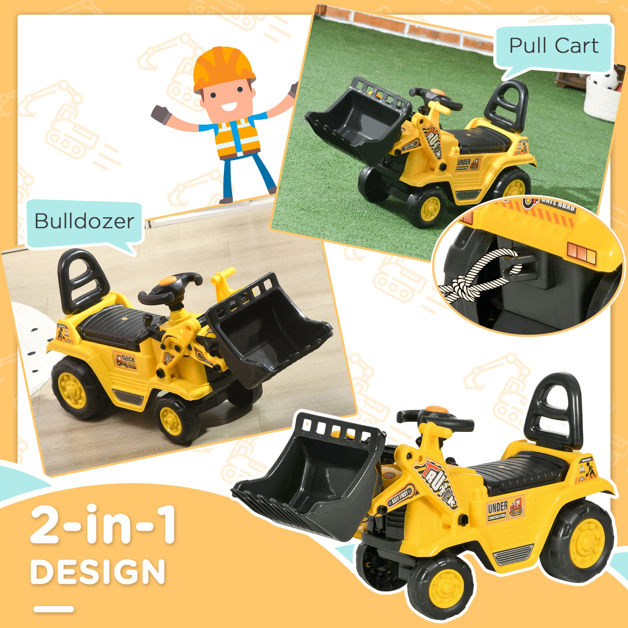 NO POWER 3 in 1 Ride On Toy Bulldozer Toddler Digger Excavator Scooter Storage Cart Toilet Pretend Play Construction Truck