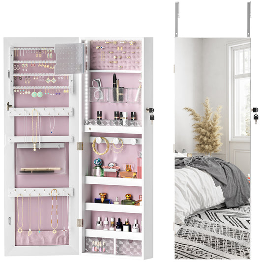 108 x 37cm Lockable Jewellery Cabinet, with LED Lights - White Surface and Pink Lining