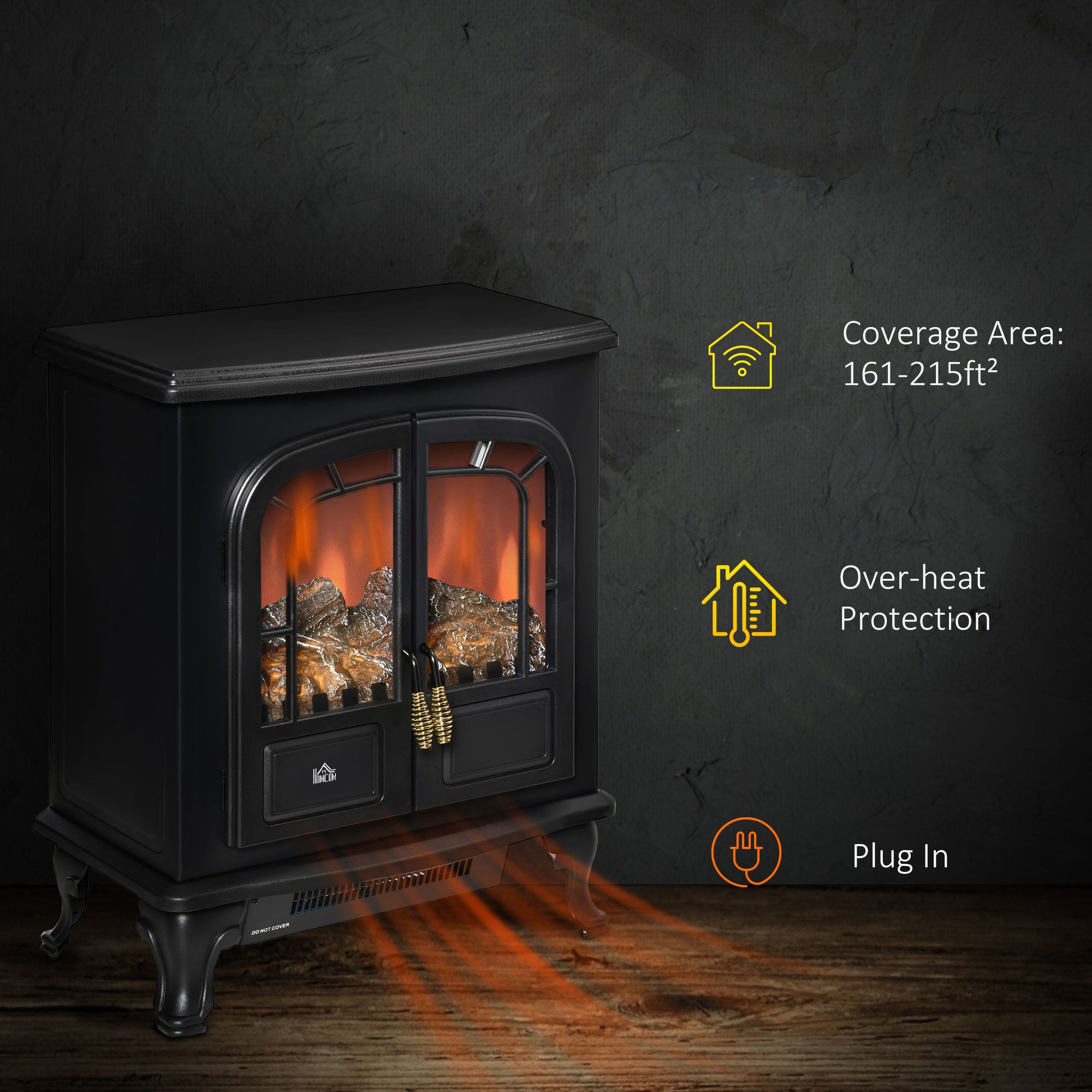 Fynco - Electric Fireplace Stove Heater with LED Fire Flame Effect, Double Door, Freestanding & Portable with Overheat Protection, 1000W/2000W, Black